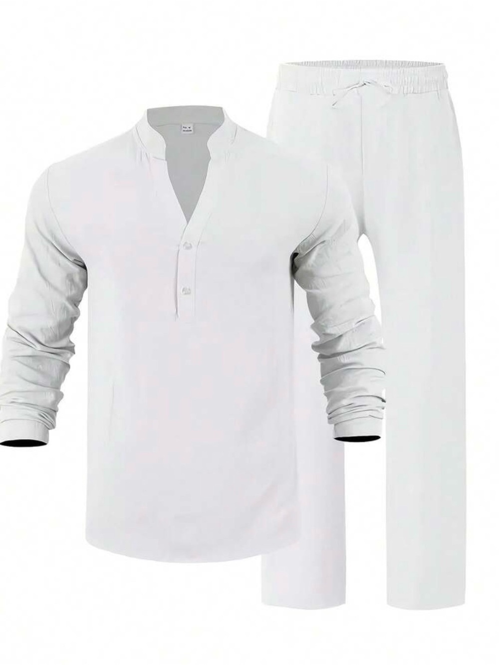 Men's White Long-Sleeve Linen Henley Shirt - Picture 5 of 5